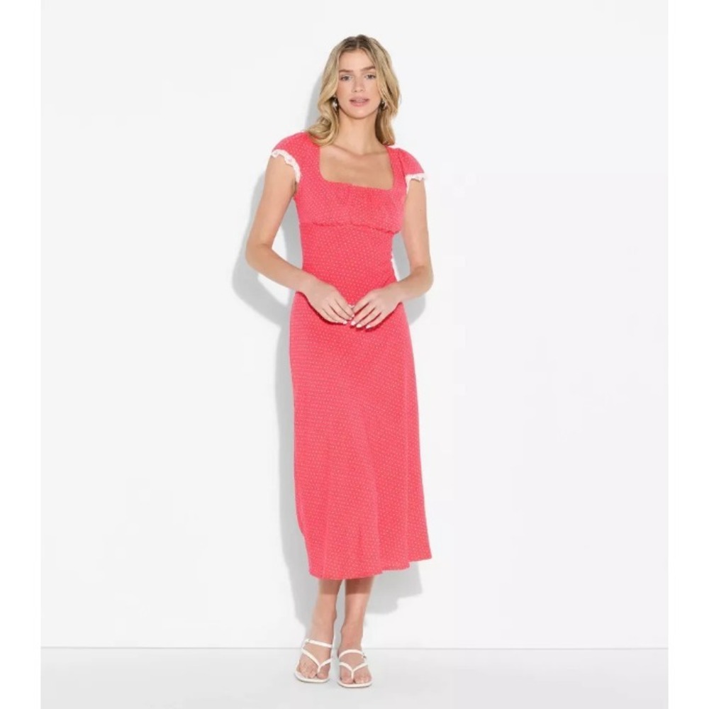 Women's Flutter Cap Sleeve Maxi A-Line Dress Wild Fabl Rose Red Polka Dots  M